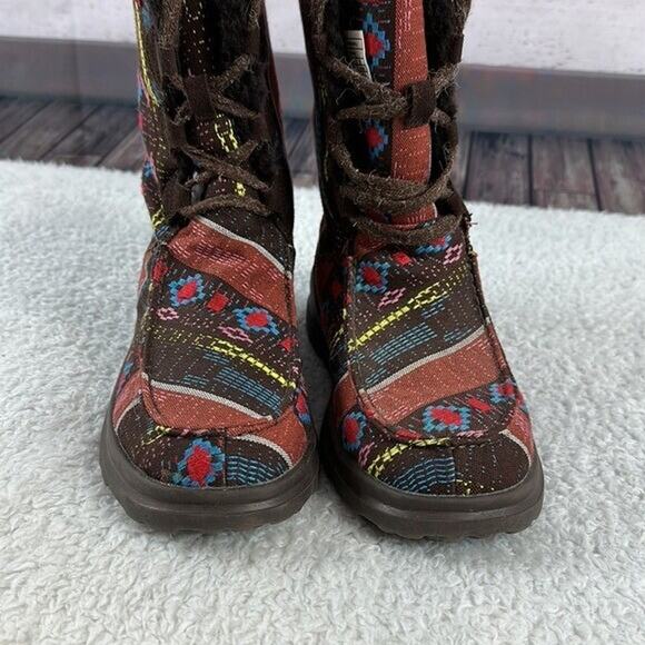 UGG Boots Womens 6 Red Brown Nordic Fair Isle Blanket Woven Fabric Faux Fur Lacy - Picture 9 of 13